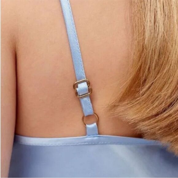 NWT SLEEPER Boheme Feather-trimmed Midi Slip Dress in Ecovero Blue M - Picture 6 of 11